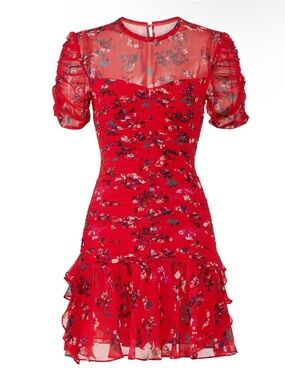 Tanya Taylor Floral Clusters Carti Red Floral Ruched Mini Silk Dress